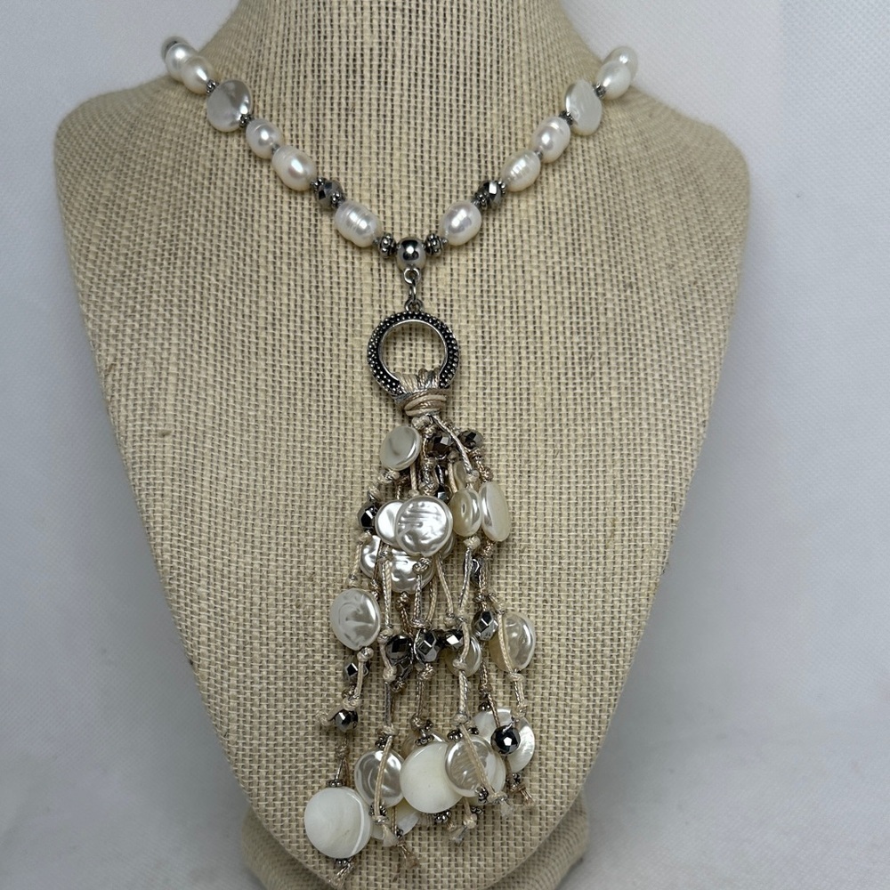 Chico’s Pearl & Shell Necklace with 5” Cluster Drop - 32” Long with 4” Extender